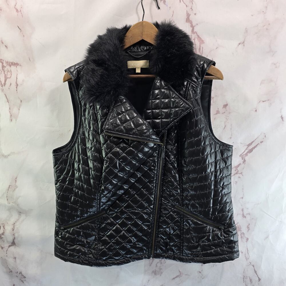 Talbots Vest Womens XL P Black Puffer Insulated Fill Quilted Faux Fur Collar